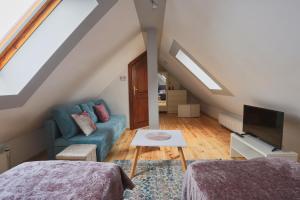 a attic room with a blue couch and a tv at Apartament Esja in Szczecin