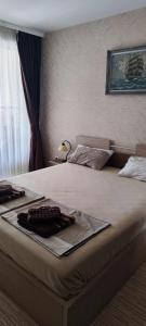 ein Schlafzimmer mit einem Bett mit einer Decke darauf in der Unterkunft Sozopoli Hills Simeonov Apartments in Sozopol