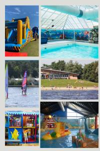 un collage de cuatro fotos de un parque acuático en Kajuit423 6pers 5sterren vakantiepark Bergumermeer aan het water in Friesland met zwembad, en Suameer