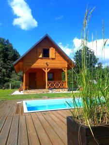 a log house with a pool in front of it at Domek Skowronek z basenem in Lesko