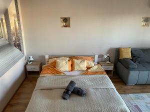 um quarto com uma cama grande e um sofá em Sweet-home erkélyes apartman Kaposvár em Kaposvár