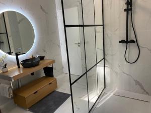 um chuveiro com uma porta de vidro na casa de banho em Oak Wood - Olympic Villa em La Queue-lès-Yvelines
