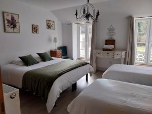 a bedroom with two beds and a chandelier at La Maison des Maîtres de Forge in Moloy