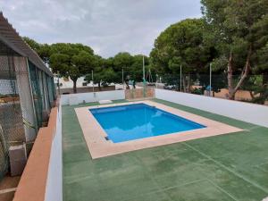 a swimming pool on a green lawn next to a fence at Casa Azabara in San José