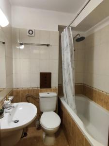 a bathroom with a toilet and a sink and a tub at Stylish wooden apartment with terrace in Pirin Golf Hotel&Spa Complex in Razlog