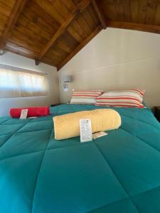 ein großes grünes Bett mit einem Kissen darauf in der Unterkunft Hostel El Paredon in El Chalten