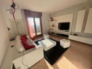ein Wohnzimmer mit einem weißen Sofa und einem TV in der Unterkunft HOUSE 58 in Montaner