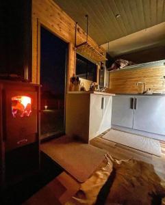 una pequeña cocina con fogones en una habitación en North Yorkshire Horse Box, en York