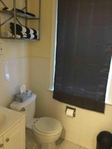 a bathroom with a toilet and a black shower curtain at The luxury lounge in Schenectady