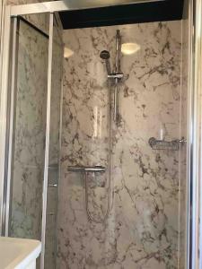 a shower in a bathroom with a marble wall at The Old Vicarage Shepherd's Hut in Stroud