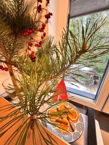 a vase with a christmas tree on a table at Cabana Ruku in Muntele Băişorii