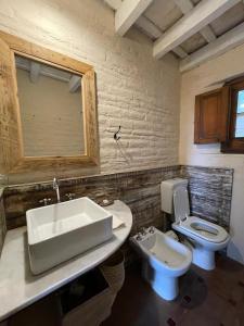 La salle de bains est pourvue d'un lavabo et de toilettes. dans l'établissement LAS JARILLAS Hostería & Bodega, à San Javier