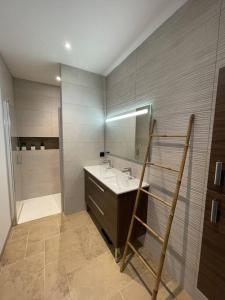 a bathroom with a sink and a shower at La Remise-Gîte de charme 7 personnes avec jacuzzi in Saint-André-de-Sangonis