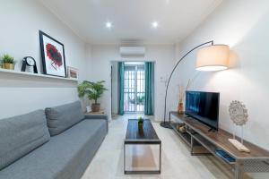 ein Wohnzimmer mit einem Sofa und einem Flachbild-TV in der Unterkunft AlohaMundi Montesión in Sevilla