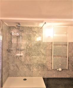 y baño con ducha y lavamanos. en Deluxe-Appartement-70m2-mit-Fruehstueck-Gruppenunterkuenfte-im-Oberharz en Sankt Andreasberg