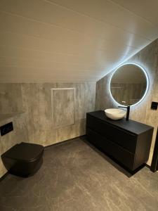 a bathroom with a sink and a toilet and a mirror at Arctic Sea Breeze in Kirkenes