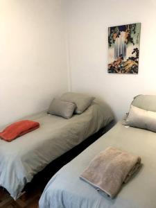 2 Betten in einem Zimmer mit einem Bild an der Wand in der Unterkunft 2 ambientes, Rosedal de Palermo y embajada EEUU in Buenos Aires