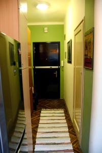 un couloir avec une porte noire et des murs verts dans l'établissement Studio Tash, à Belgrade