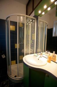 La salle de bains est pourvue d'une douche et d'un lavabo blanc. dans l'établissement Studio Tash, à Belgrade