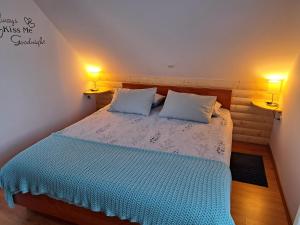 a bedroom with a bed with two pillows and two lamps at Apartment Erika in Fužine