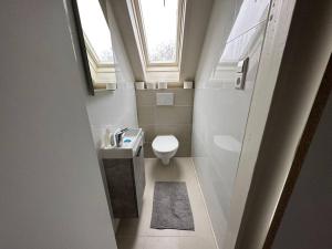 La petite salle de bains est pourvue de toilettes et d'un lavabo. dans l'établissement Ferienwohnung Malin, à Ludwigshafen