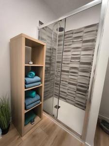 baño con ducha y toallas azules en Yinfa 2 Sunset Apartment en Tamaimo