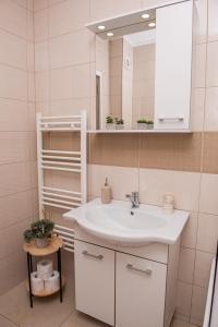 a bathroom with a white sink and a mirror at Maria's Premium Suite in Baia Mare