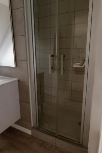 eine Dusche im Bad mit Glastür in der Unterkunft La Roseraie des Princes in Montbéliard