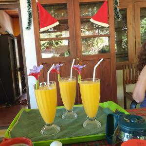 a group of three glasses of orange juice on a tray at Nimal`s Homestay in Hikkaduwa
