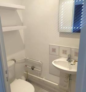 a white bathroom with a toilet and a sink at Cosy duplex aux portes de Paris in Maisons-Alfort