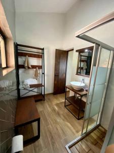ein Bad mit einem Bett, einem Waschbecken und einem Spiegel in der Unterkunft Cabaña del Lago in Ajijic