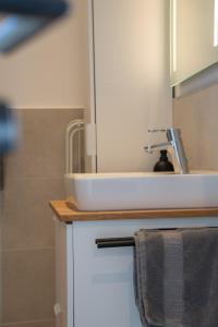 a bathroom sink with a soap dispenser on top of it at Ferienwohnung Osterbach in Bad Feilnbach