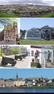 un collage de fotos de una ciudad con una estatua en Helens House Derry City Centre Remarkable 3-Bed, en Derry Londonderry