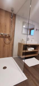 a bathroom with a shower and a sink at Landhaus Stöckl in Finkenberg
