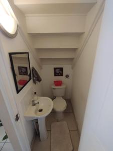 uma pequena casa de banho com WC e lavatório em Casa amplia turistas 7 personas em La Serena