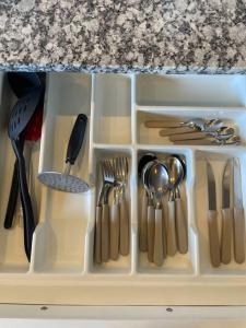 eine mit Utensilien gefüllte Plastikschublade unter einer Theke in der Unterkunft Hygge Loft Patagonia in Dina Huapi