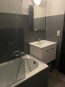 ein Badezimmer mit einem Waschbecken, einer Badewanne und einem Spiegel in der Unterkunft Duplex tout confort Menen in Menen