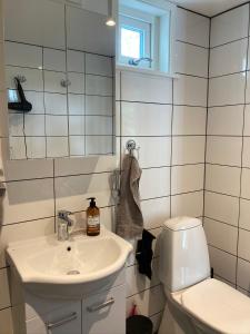 a white bathroom with a sink and a toilet at Fullt utrustat Minihus på landet in Västerhaninge