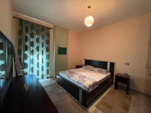 um quarto com uma cama e uma luz pendente em Downtown Apartment em Korçë