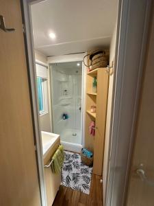 een kleine badkamer met een bad en een douche bij La maison du Sud in Saint-Chéron