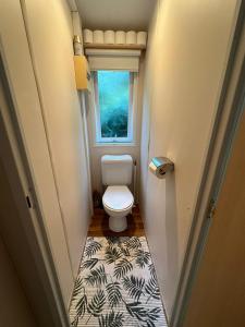 een kleine badkamer met een toilet en een raam bij La maison du Sud in Saint-Chéron