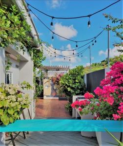 a patio with flowers and a blue table at 5 bedroom Exclusive Beach Villa - WOW! villa in Punta Santiago