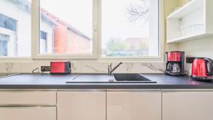 a kitchen counter with a sink and two windows at Le SAPHIR - Confort - Proche Mag Outlet Troyes - Parking gratuit in Pont-Sainte-Marie