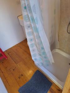 una tenda da doccia in un bagno accanto a una vasca di HOSTEL EL LIMON a El Bolsón Altre 129 foto