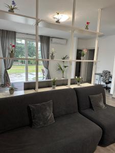uma sala de estar com um sofá e algumas janelas em Villa 2 em Cassano dʼAdda