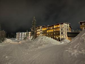 ein Schneehaufen vor einem Gebäude in der Unterkunft Saaga Ylläs Chalet 3304 in Ylläsjärvi