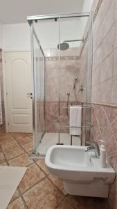 W łazience znajduje się prysznic i biała umywalka. w obiekcie Casa Ulivi e Mare w mieście Ventimiglia