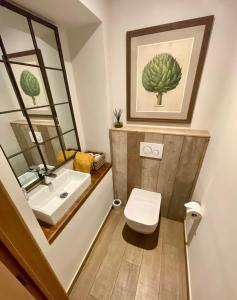 une salle de bain avec un lavabo, des toilettes et un miroir dans l'établissement Cottage in Ardennes - La Maison aux Moineaux - Fays-Famenne, à Sohier