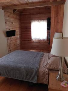 1 dormitorio con 1 cama en una cabaña de madera en The Shack, en San Martín