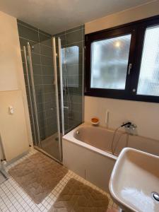 a bathroom with a shower and a tub and a sink at Fewo Steuer in Traben-Trarbach